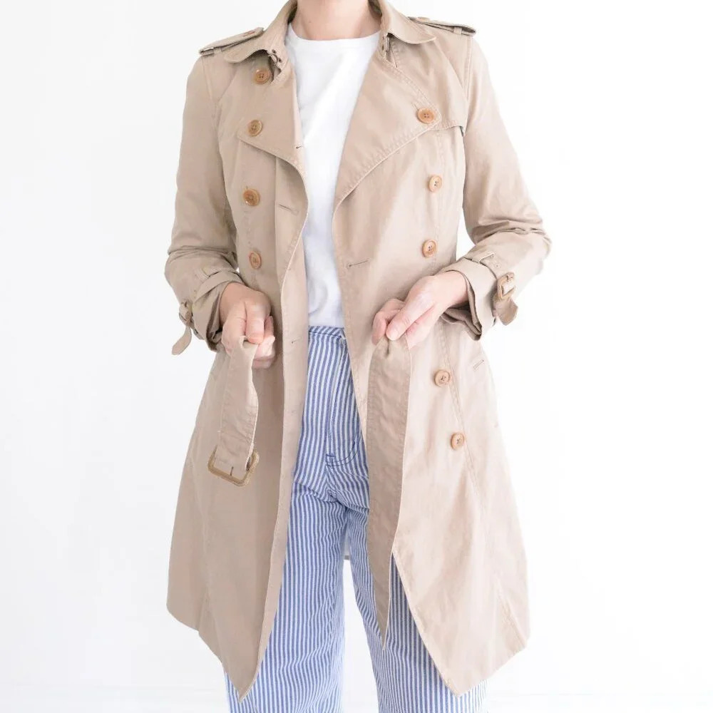 Banana Republic Beige Solid Double Breasted Belted Trench Midi Coat XS
